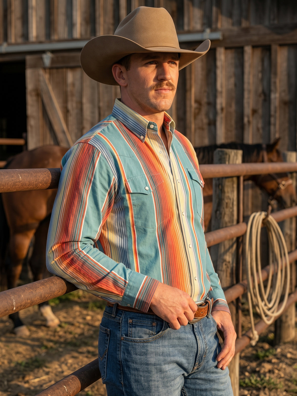 Side three-quarter view of men's teal sunset striped Western shirt leaning on ranch corral fence