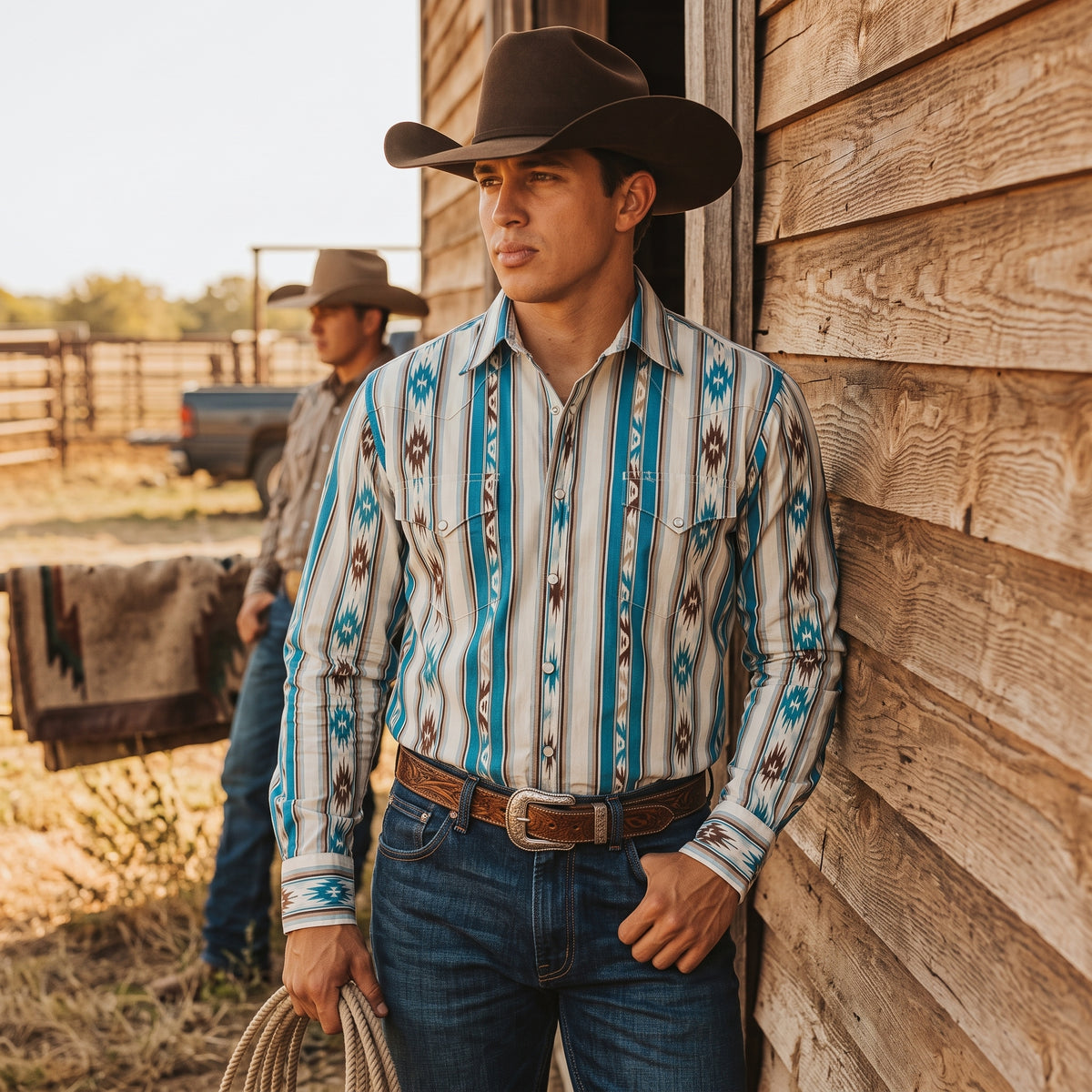 Rear view of man wearing Pecos Western turquoise and brown Southwestern striped pearl snap shirt showing Western back yoke