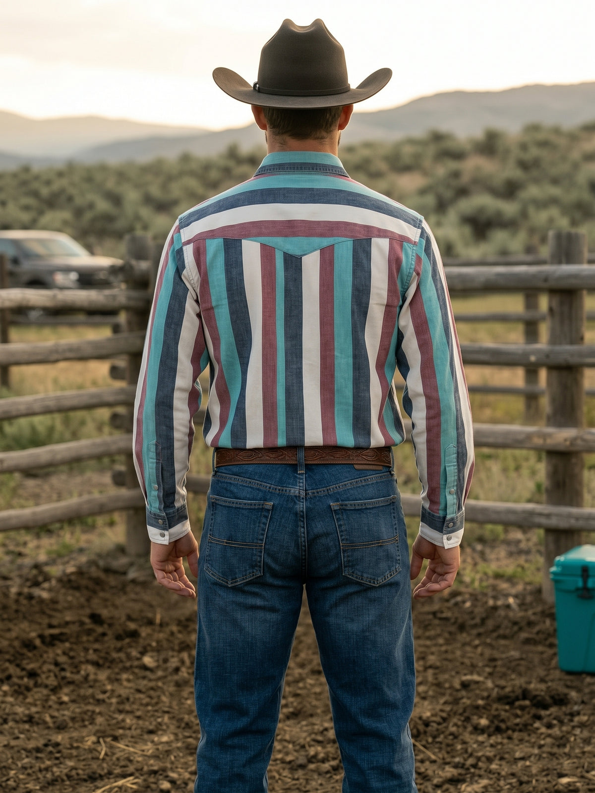 Back view showing the pointed Western back yoke and horizontal stripe detail of the Pecos Western striped shirt