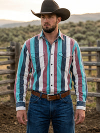 Men's Turquoise Maroon Striped Pearl Snap Western Shirt