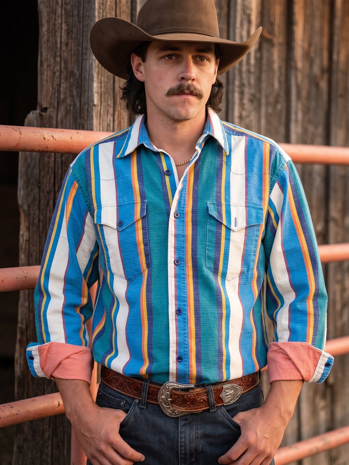Men's turquoise and orange serape striped 100% cotton Western pearl snap shirt front view