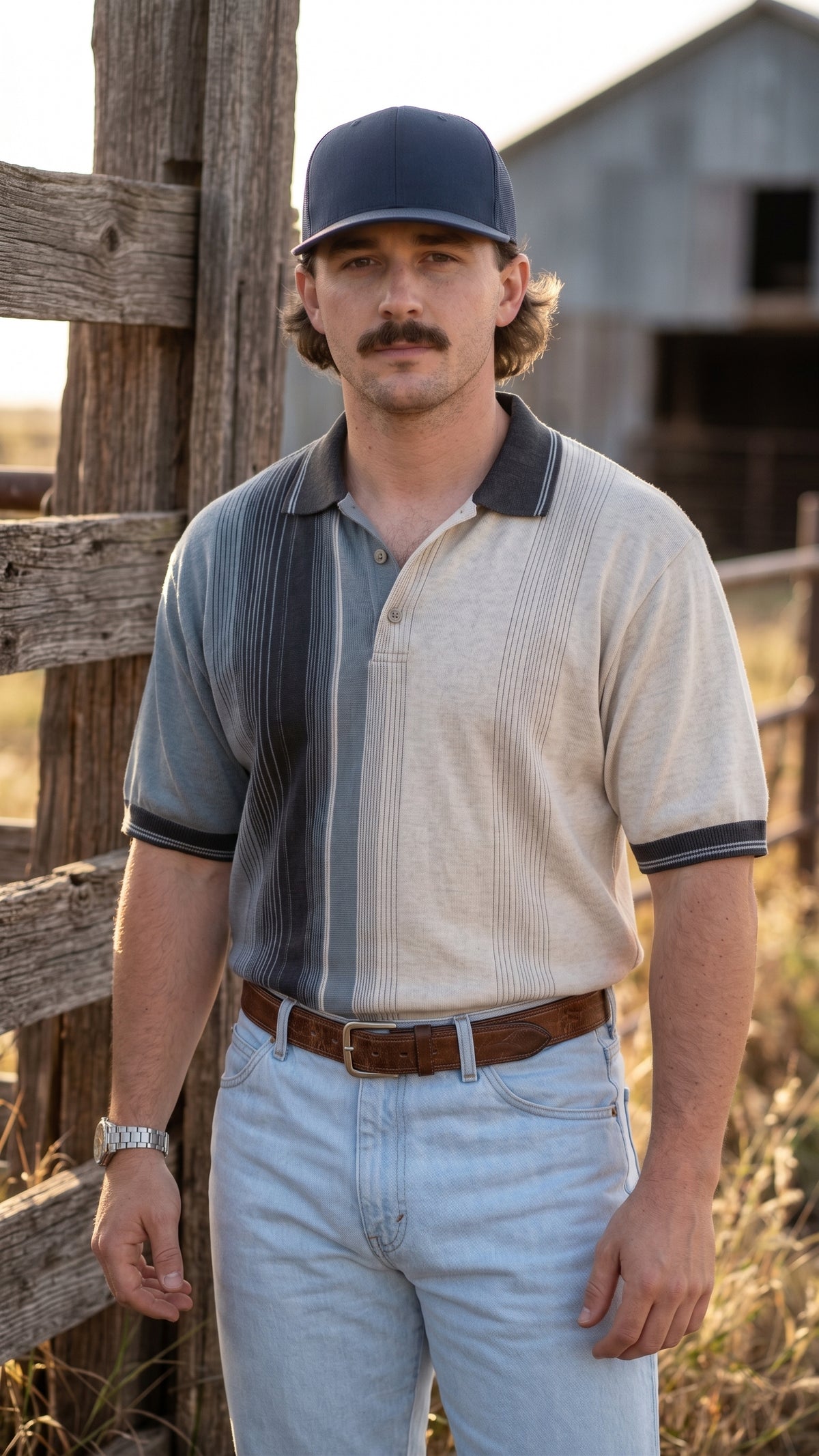Men's two-tone striped short sleeve western knit shirt 3/4 view