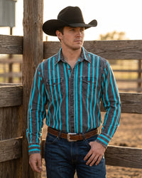 Men's Washed Black Turquoise Striped Pearl Snap Western Shirt