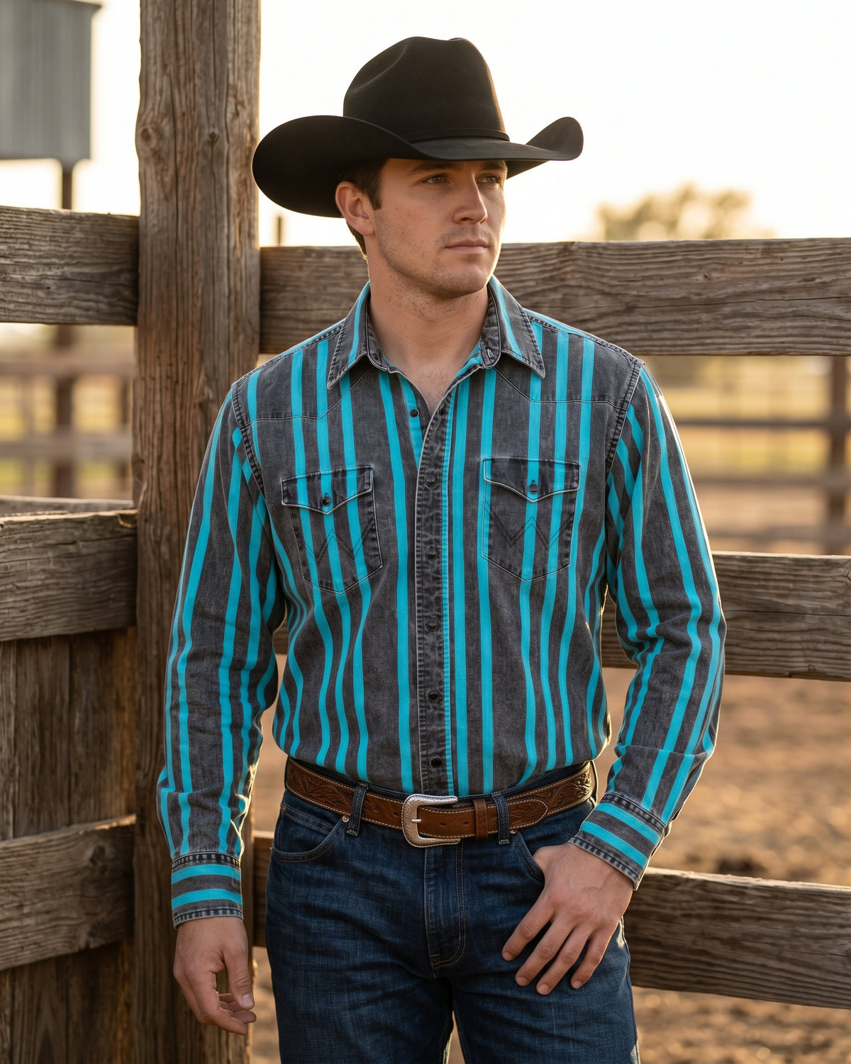 Front view of a cowboy wearing Pecos Western washed black and turquoise striped pearl snap shirt by a corral fence