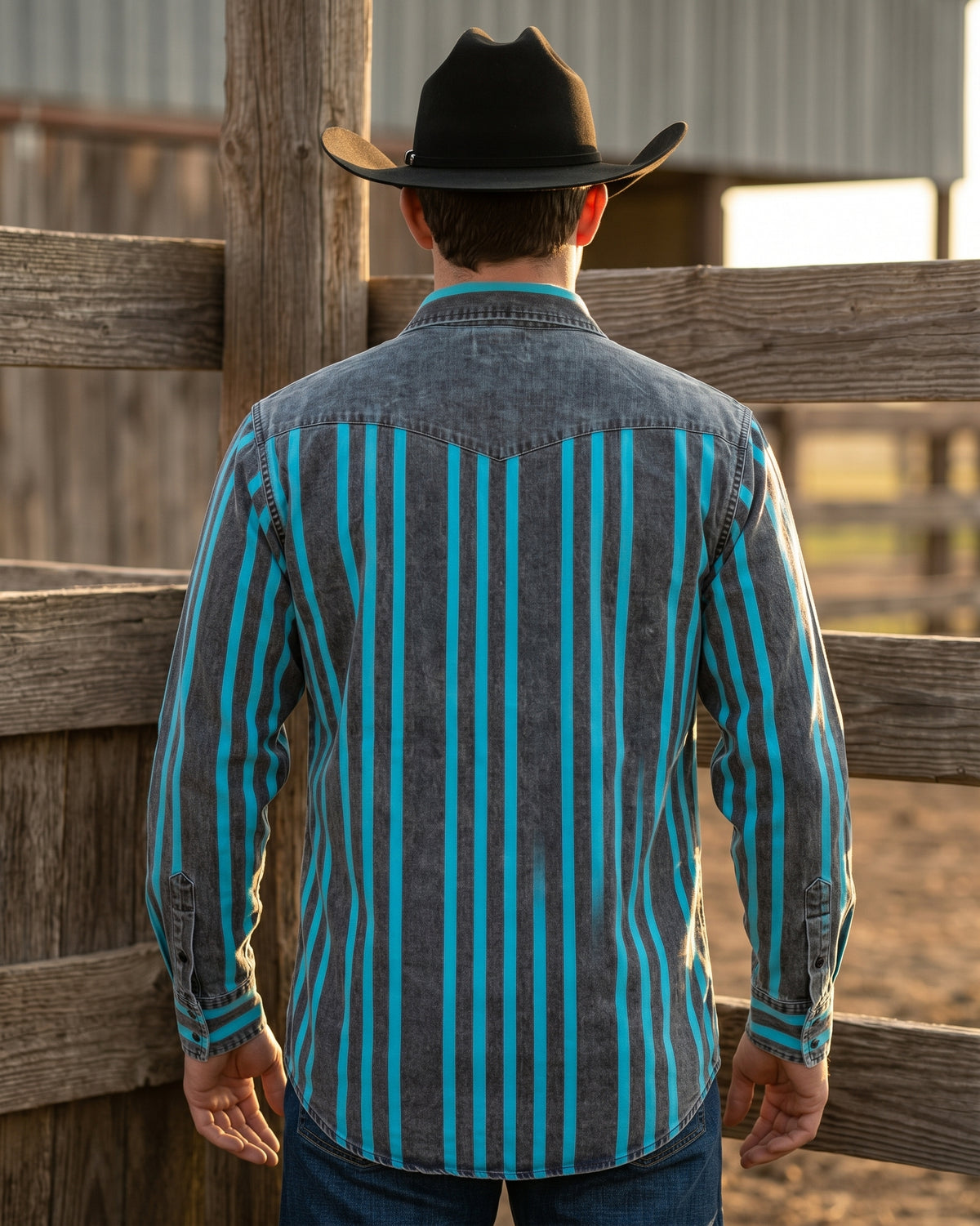 Rear view of man wearing Pecos Western washed black and turquoise vertical striped Western shirt showing the solid black Western yoke