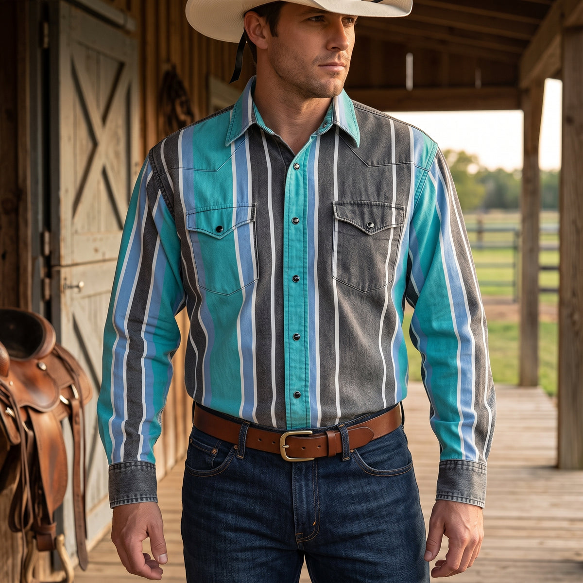Front view of cowboy wearing Pecos Western washed charcoal and turquoise striped pearl snap shirt on barn porch