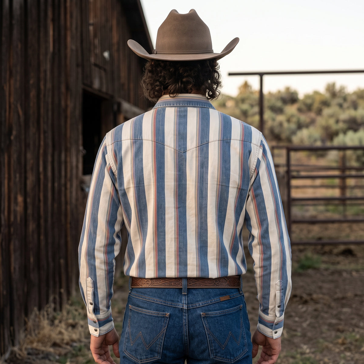 Back view of men's washed indigo striped Western shirt showing the pointed back yoke