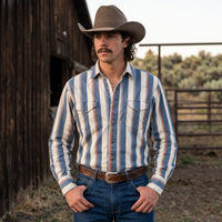Men's Washed Indigo & Rust Striped Pearl Snap Western Shirt