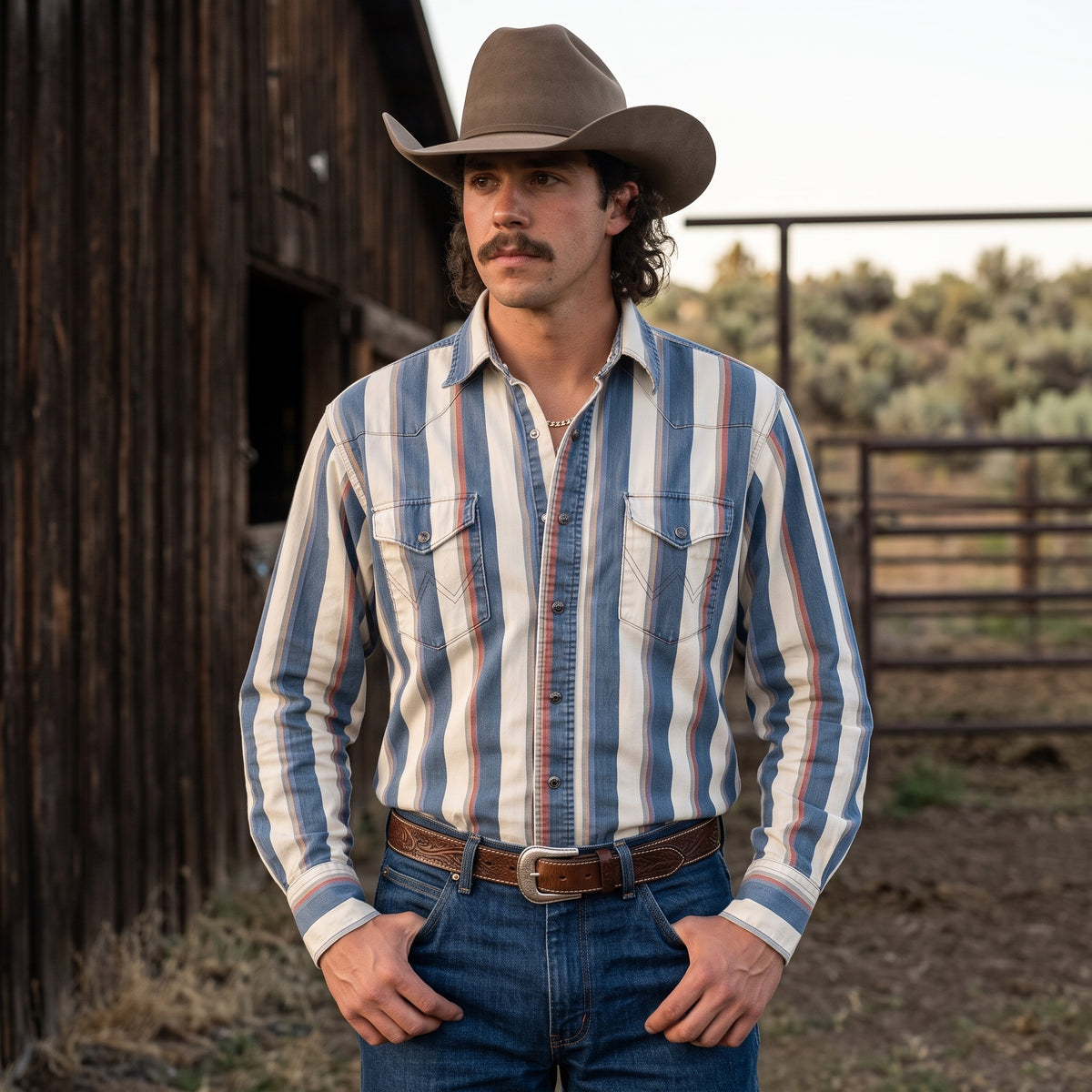 Men's washed indigo and rust striped 100% cotton Western pearl snap shirt front view