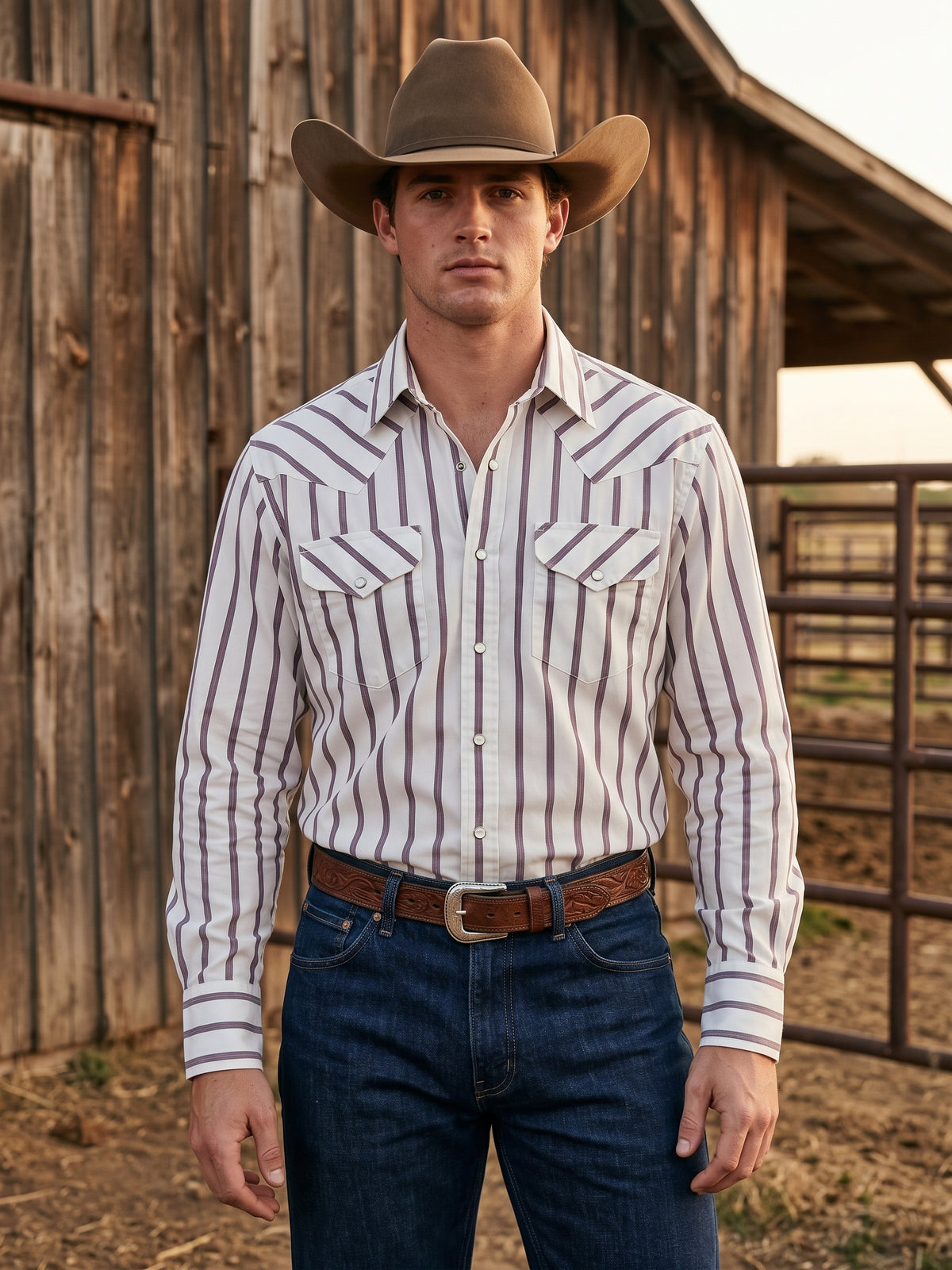 Men's white and burgundy striped pearl snap Western shirt with pointed flap pockets front view