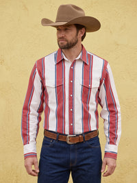 Men's White Red Blue Striped Pearl Snap Western Shirt