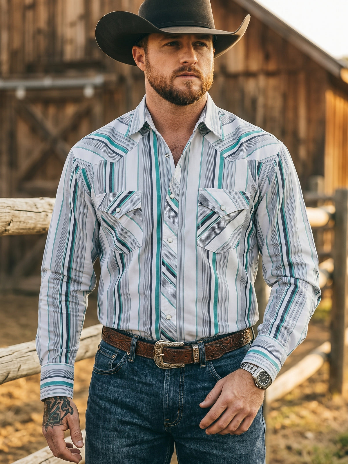 Front view of men's white and teal striped pearl snap Western shirt