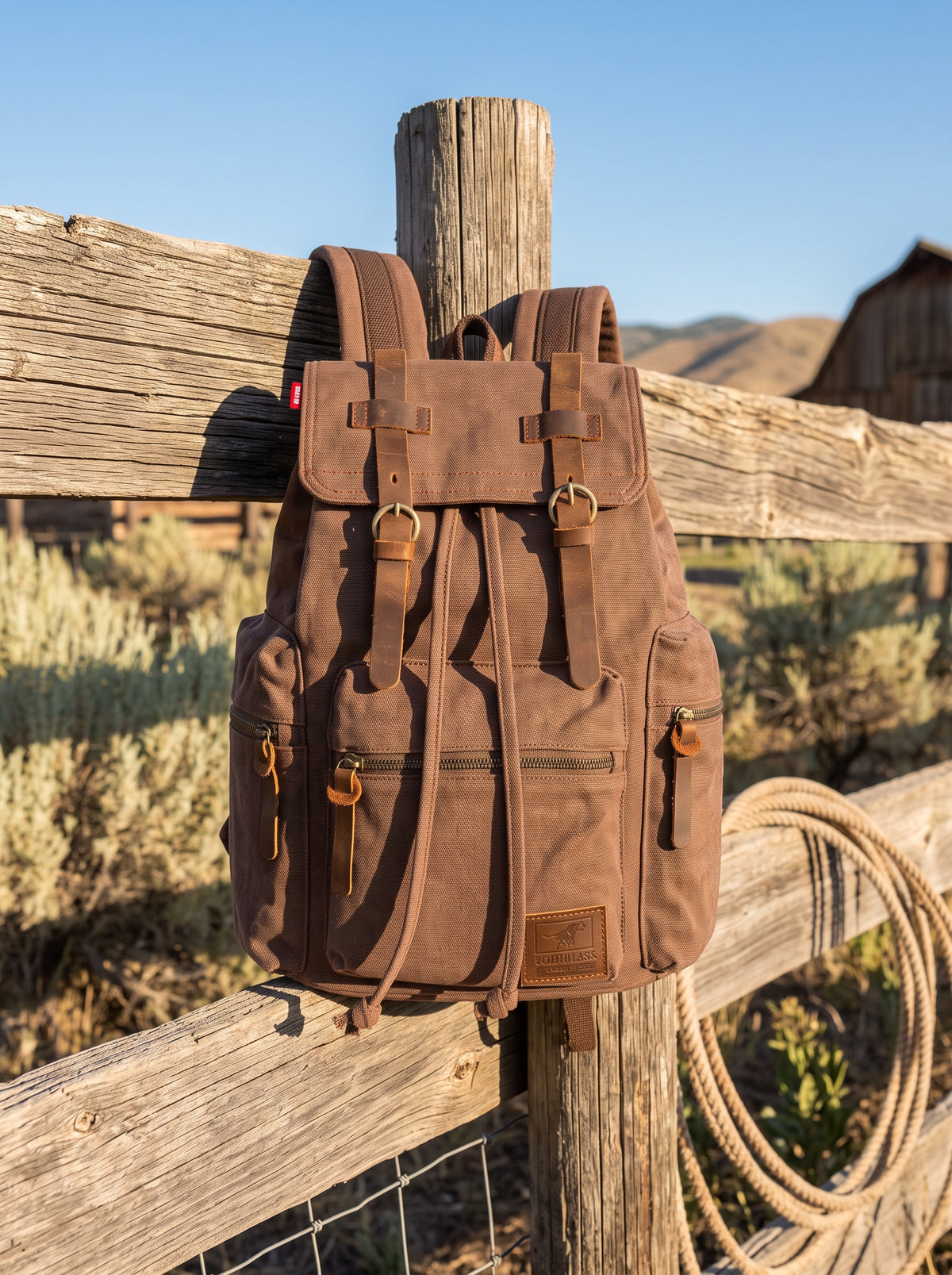 Front view of coffee brown canvas rucksack with leather straps and drawstring flap closure on a wooden ranch fence