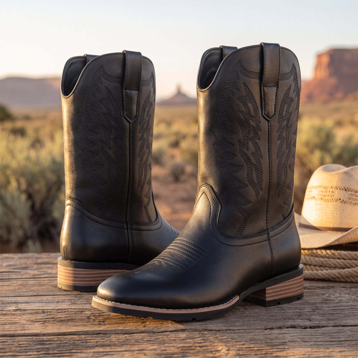 Men's black leather square toe cowboy boots with tonal shaft embroidery on rustic wood table