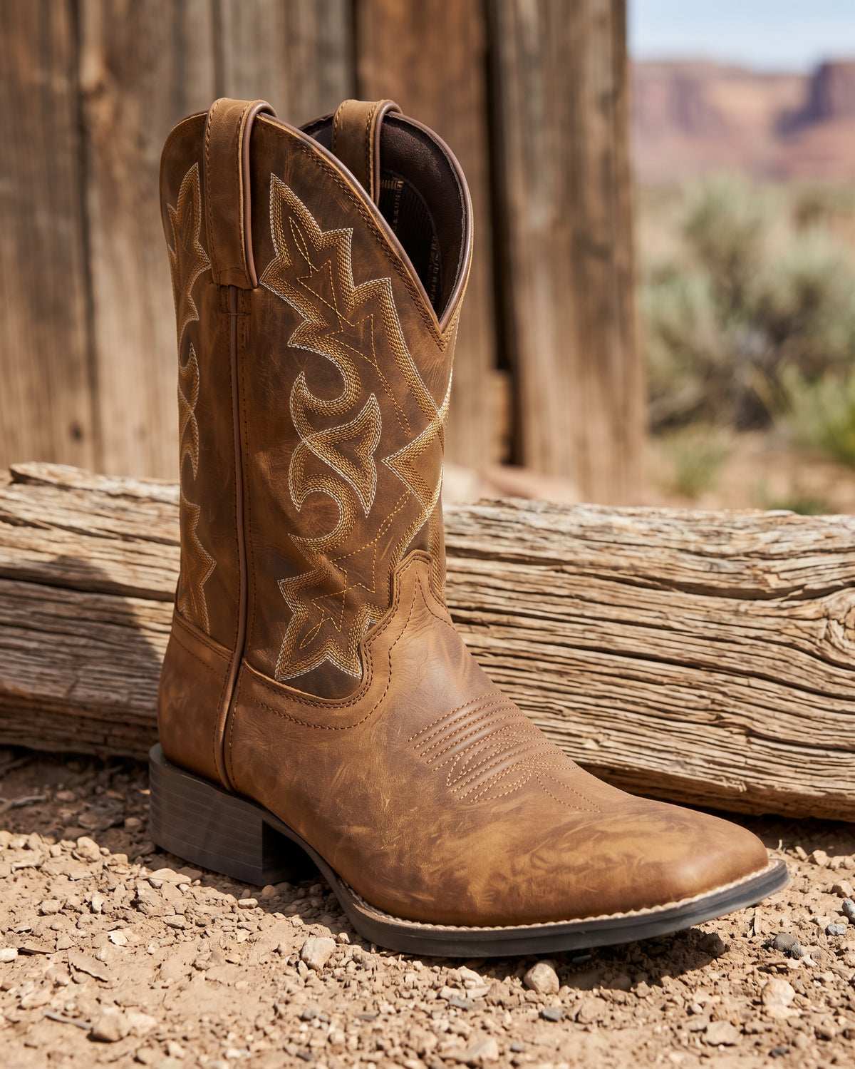 Rear and side profile of men's leather cowboy boot highlighting shaft embroidery and walking block heel