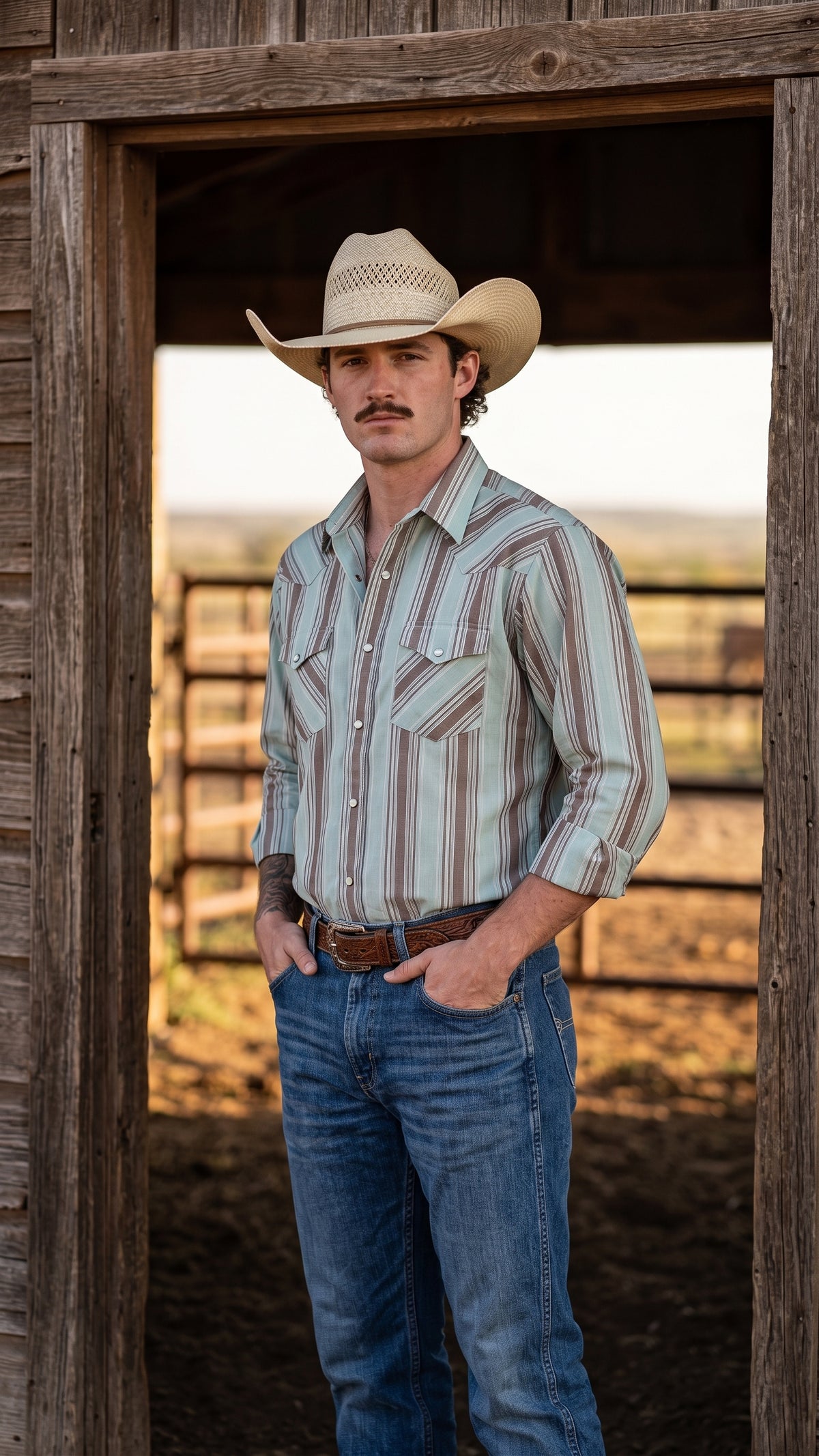 Men's sage green and brown striped pearl snap Western shirt front view showing pointed yokes and chest pockets