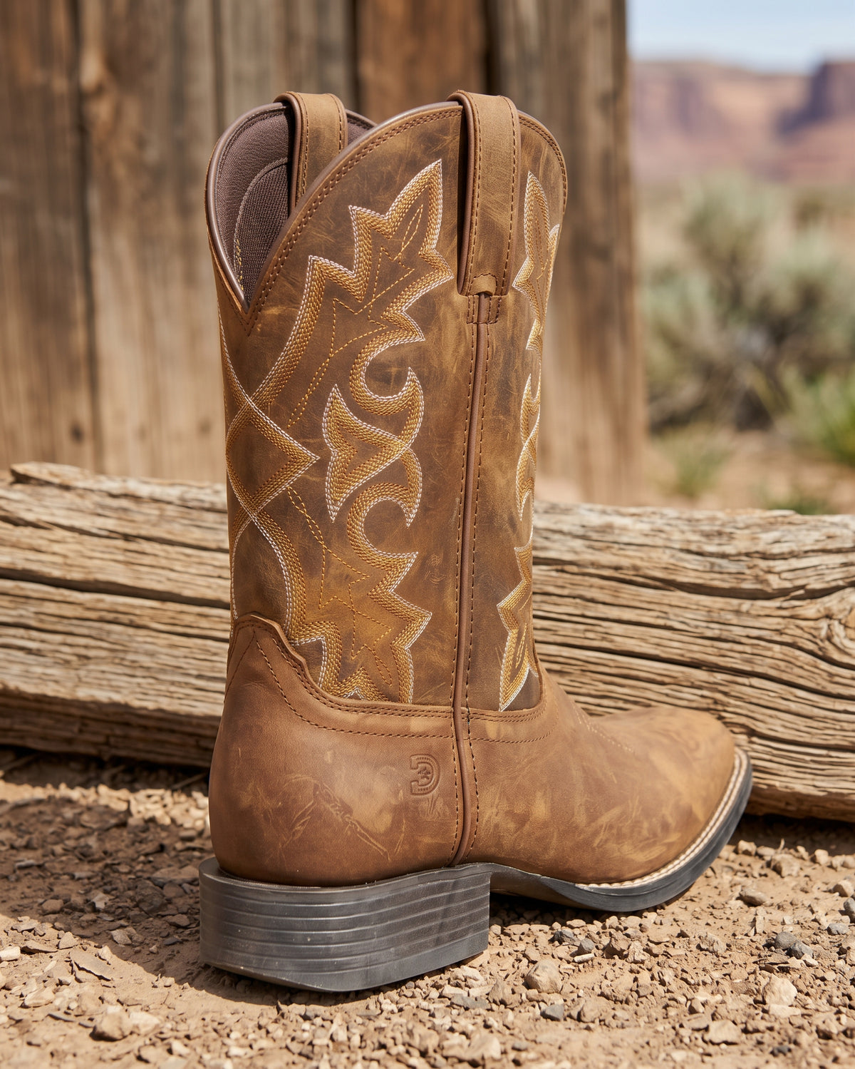 Full profile view of men's distressed tan square toe cowboy boot standing on desert ground against wood fence
