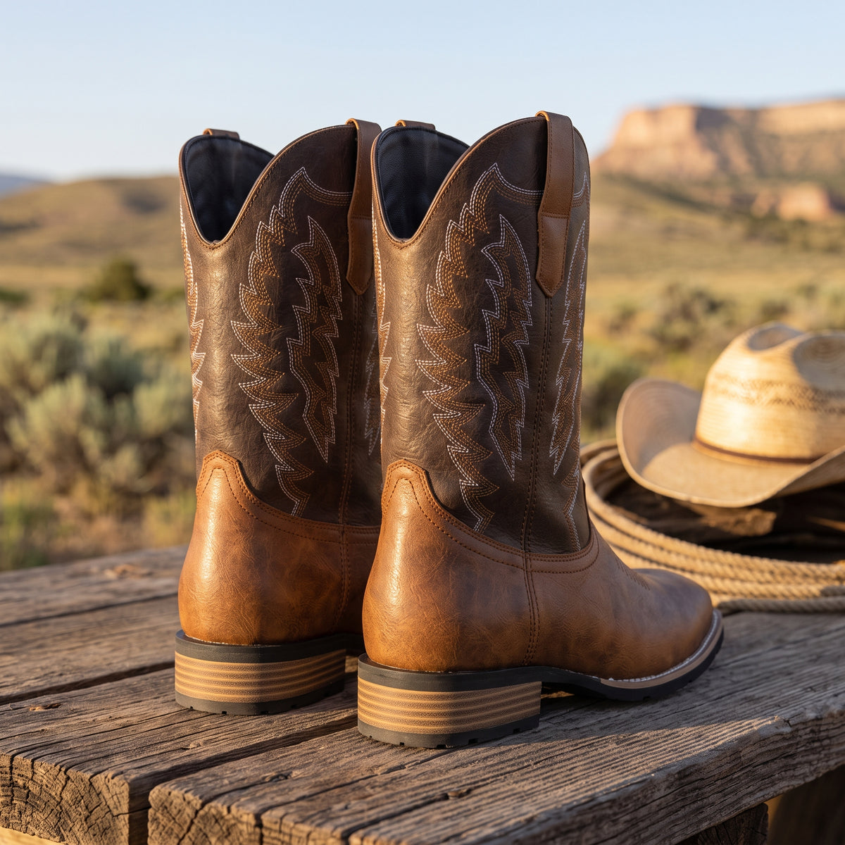 Rear view of two-tone leather cowboy boots showing stacked block heels and shaft embroidery