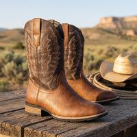 Two-Tone Tan & Brown Leather Square Toe Cowboy Boots