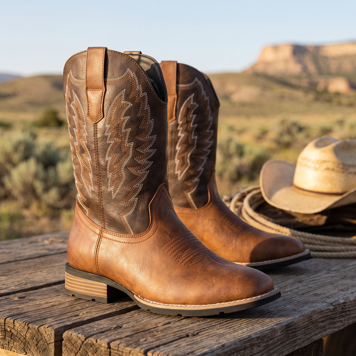 Front-angle view of men's two-tone tan and brown square toe cowboy boots with embroidered shaft on rustic wood table