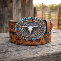 Turquoise Inlay Longhorn Oval Trophy Western Belt