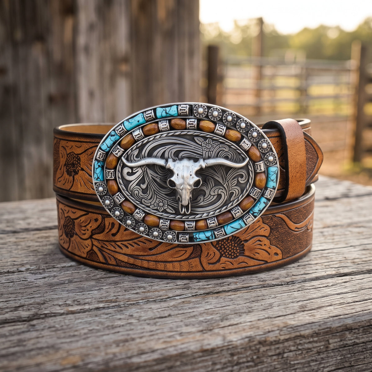 Coiled saddle tan floral tooled leather western belt featuring oval trophy buckle with turquoise inlay and longhorn skull